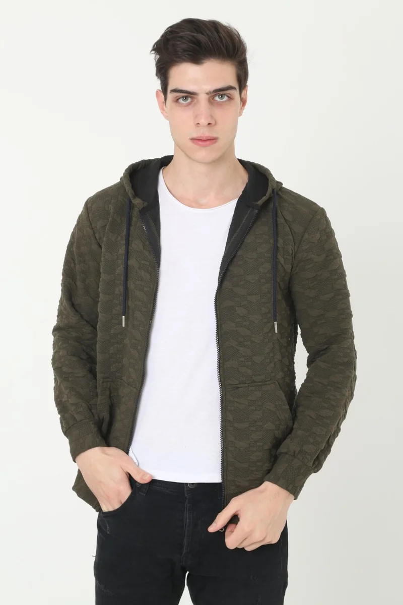 KMK Kombin KMK Combination Men's Khaki Hooded Woven Printed Unisex Cardigan