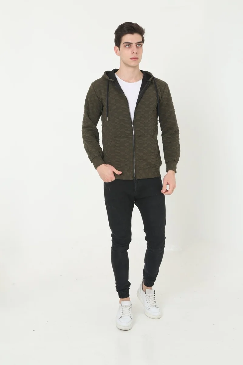 KMK Kombin KMK Combination Men's Khaki Hooded Woven Printed Unisex Cardigan