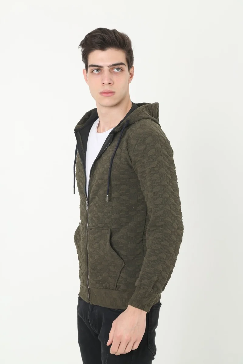 KMK Kombin KMK Combination Men's Khaki Hooded Woven Printed Unisex Cardigan