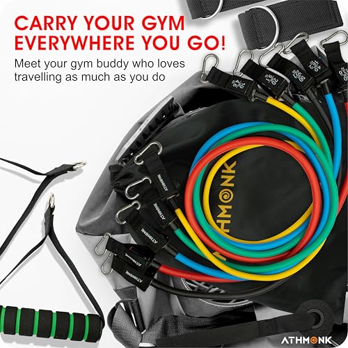 Athmonk Resistance Tube Band Set of 11 pcs - Home Gym Exercise Bands for Workout - Resistance Bands for Men Women - with Toning Tubes, Door Anchor, Foam Handles, Ankle Straps, Workout Guide - 150 lbs - Image 2