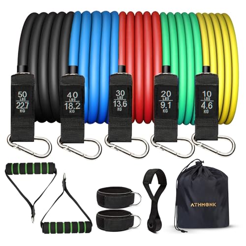 Athmonk Resistance Tube Band Set of 11 pcs - Home Gym Exercise Bands for Workout - Resistance Bands for Men Women - with Toning Tubes, Door Anchor, Foam Handles, Ankle Straps, Workout Guide - 150 lbs - Image 1