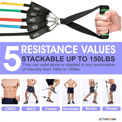 Athmonk Resistance Tube Band Set of 11 pcs - Home Gym Exercise Bands for Workout - Resistance Bands for Men Women - with Toning Tubes, Door Anchor, Foam Handles, Ankle Straps, Workout Guide - 150 lbs - Image 3
