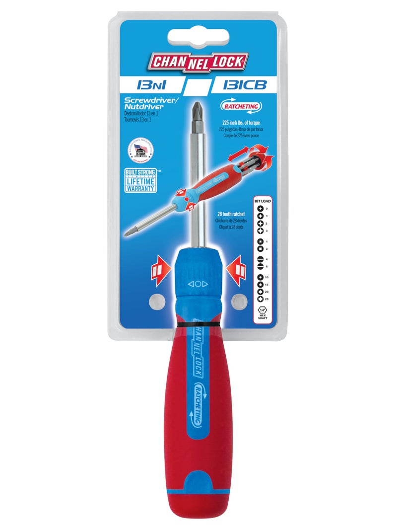 CHANNELLOCK 131CB 13-in-1 Ratcheting Multi-Bit Screwdriver, Multi-Bit Storage, 1/4-Inch Nut Driver, Quick-Load Handle with Cushion Grip, 28-Tooth Ratchet Mechanism Provides Up to 225lbs. of Torque - Image 4