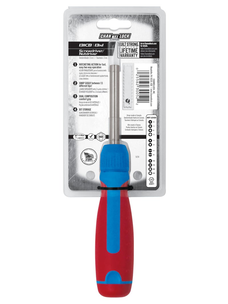 CHANNELLOCK 131CB 13-in-1 Ratcheting Multi-Bit Screwdriver, Multi-Bit Storage, 1/4-Inch Nut Driver, Quick-Load Handle with Cushion Grip, 28-Tooth Ratchet Mechanism Provides Up to 225lbs. of Torque - Image 5