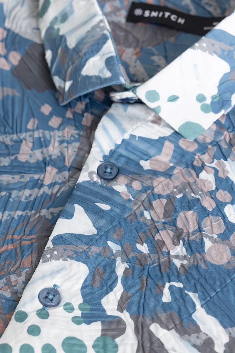 سنيتش Blue Abstract Long Sleeve Slim Fit Casual Shirt