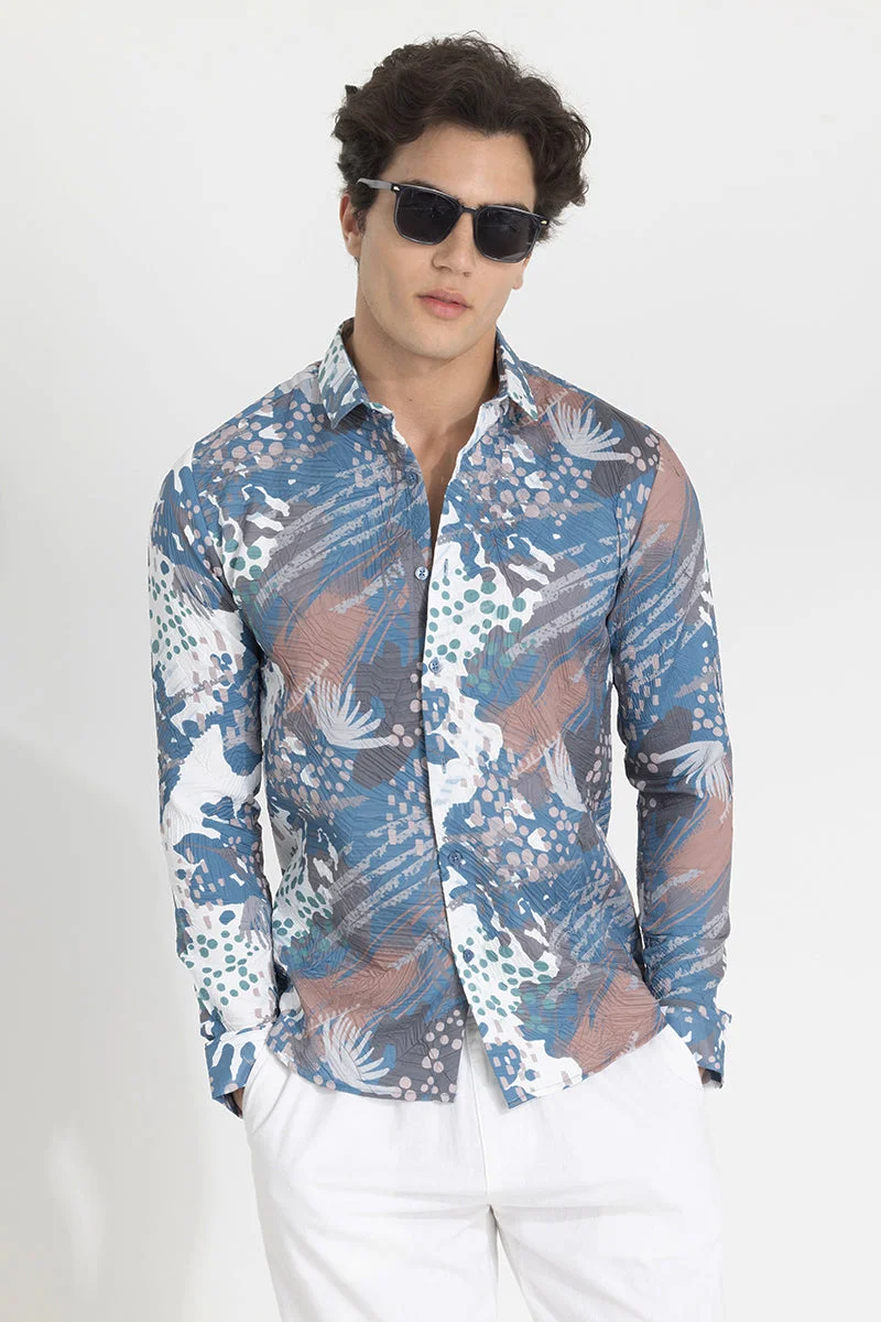سنيتش Blue Abstract Long Sleeve Slim Fit Casual Shirt