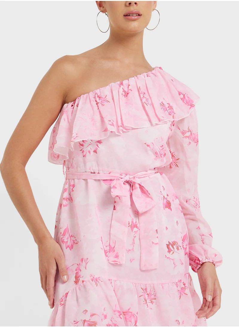 جينجر One Shoulder Floral Dress With Ruffle Detail