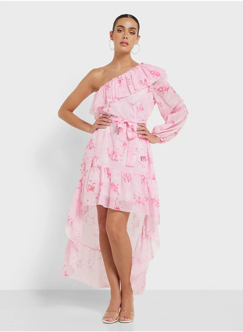 جينجر One Shoulder Floral Dress With Ruffle Detail