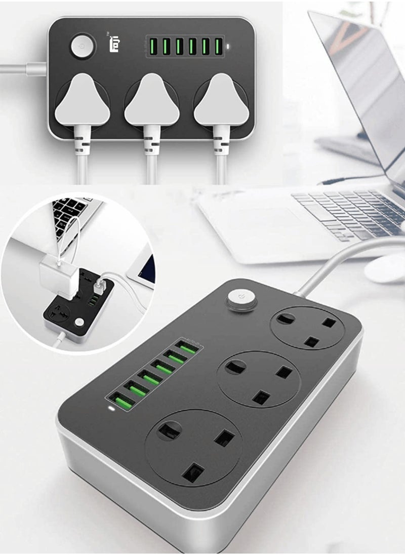 Foji - Power Strip with 3 Universal Sockets, 6 USB Ports, 2500W, 2M Cable, Anti-Static - Image 1