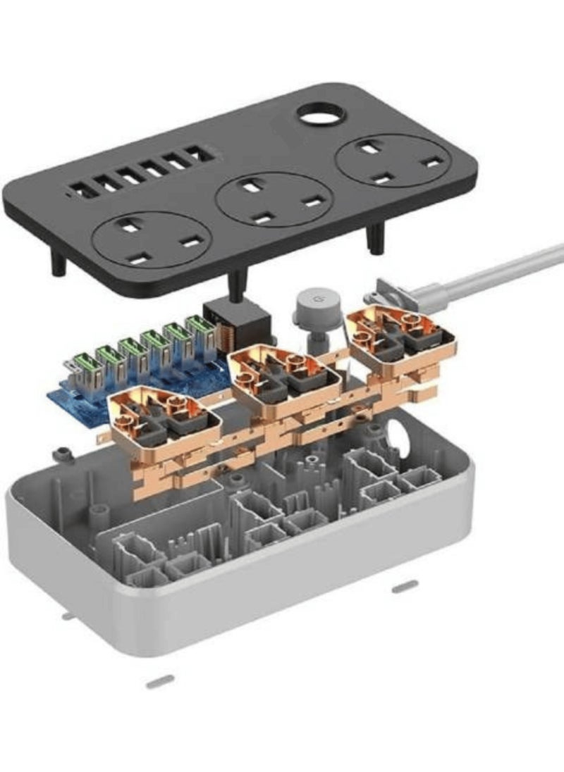 Foji - Power Strip with 3 Universal Sockets, 6 USB Ports, 2500W, 2M Cable, Anti-Static - Image 1