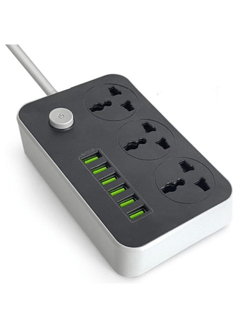 2M Universal Extension Lead | 3 UK Plug Outlets + 6 USB Charging Ports | Power Strip with Surge Protection, Auto-ID, Switch & Flame-Retardant Shell – Smart Charging Socket