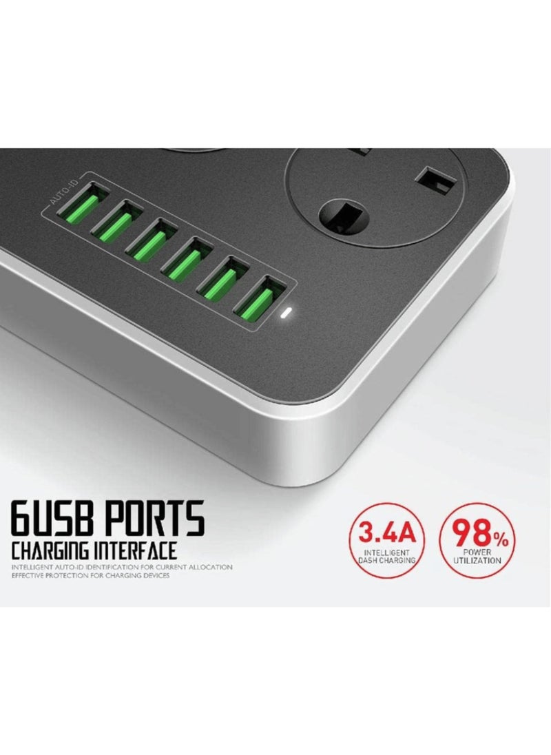 Foji - Power Strip with 3 Universal Sockets, 6 USB Ports, 2500W, 2M Cable, Anti-Static - Image 1