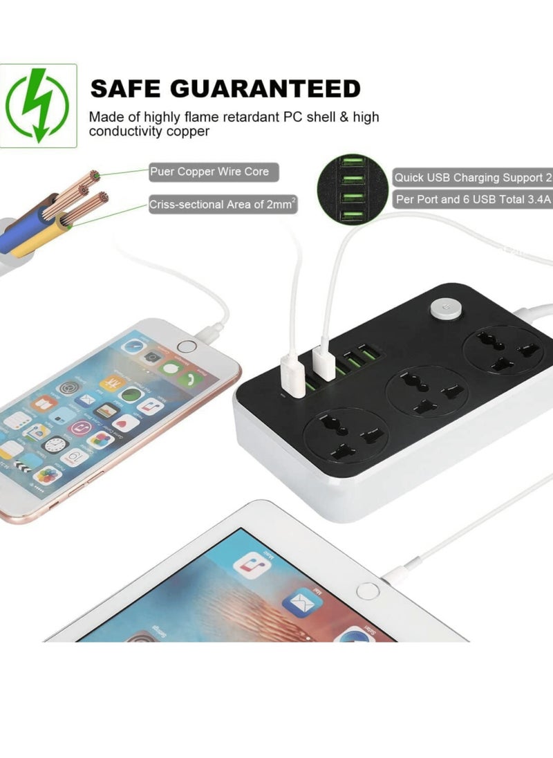 Foji - Power Strip with 3 Universal Sockets, 6 USB Ports, 2500W, 2M Cable, Anti-Static - Image 1