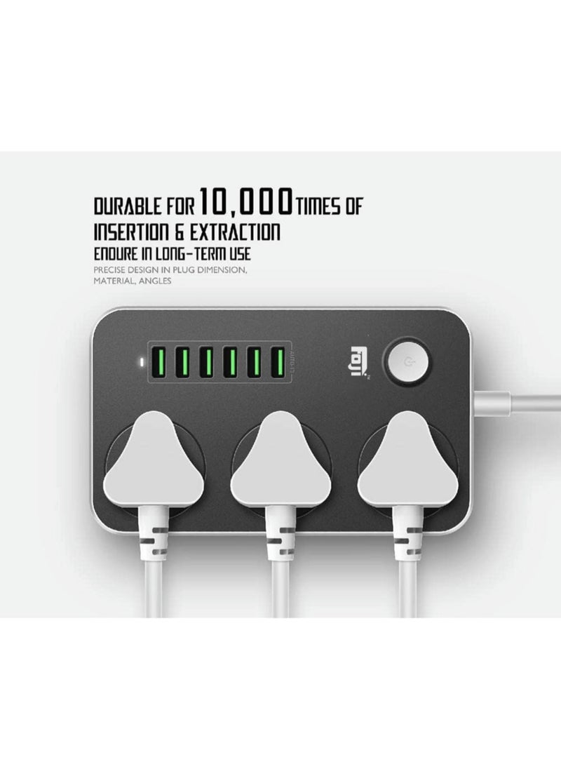 Foji - Power Strip with 3 Universal Sockets, 6 USB Ports, 2500W, 2M Cable, Anti-Static - Image 1