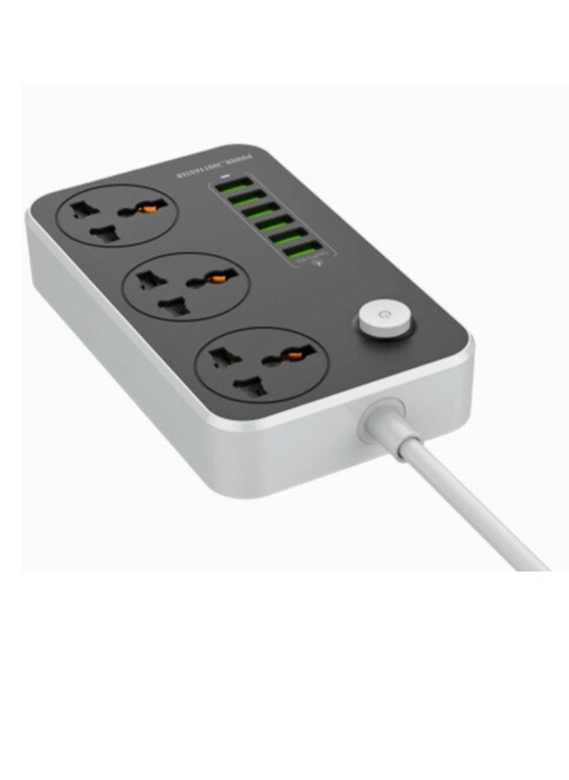 Foji - Power Strip with 3 Universal Sockets, 6 USB Ports, 2500W, 2M Cable, Anti-Static - Image 1