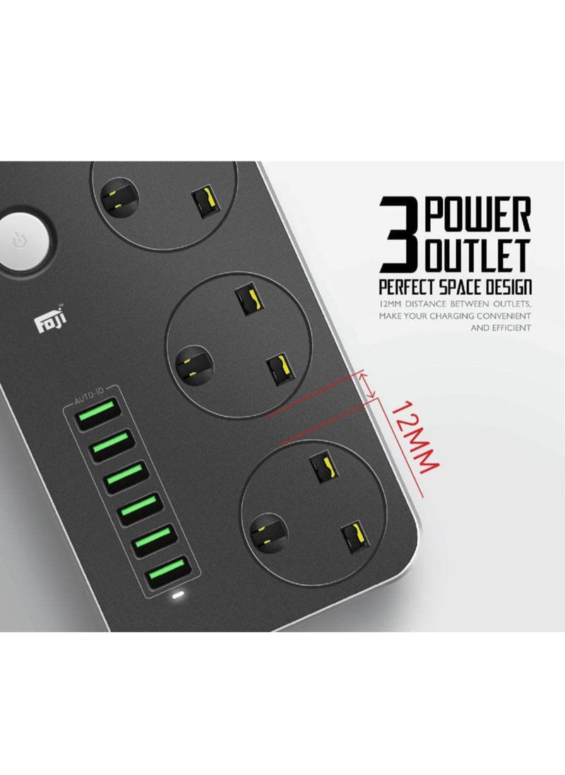 Foji - Power Strip with 3 Universal Sockets, 6 USB Ports, 2500W, 2M Cable, Anti-Static - Image 1