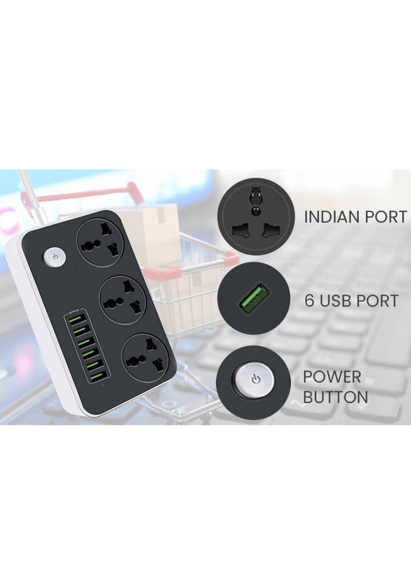 Foji - Power Strip with 3 Universal Sockets, 6 USB Ports, 2500W, 2M Cable, Anti-Static - Image 1