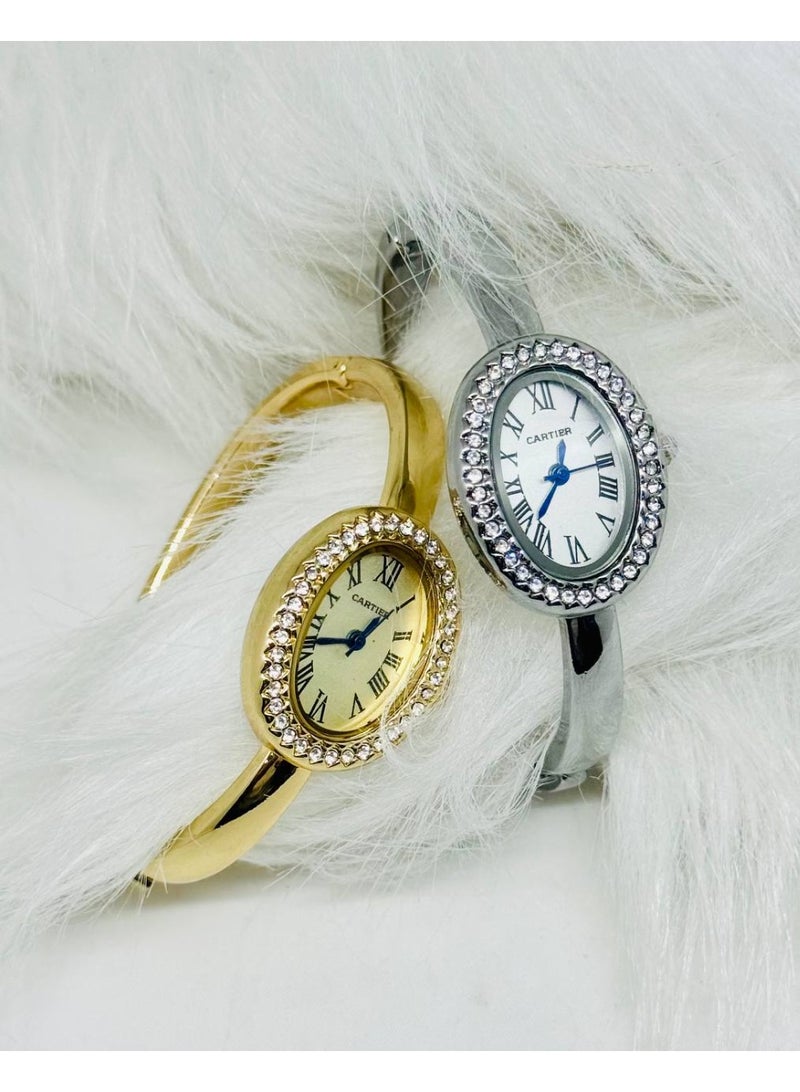 Cartier 2 Women’s Oval Bracelet Watch – Crystal Bezel, Roman Numerals (Gold & Silver)