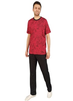 Jet Men Summer Pajama Set Printed Top & Plain Bottom -Red  - Image 2