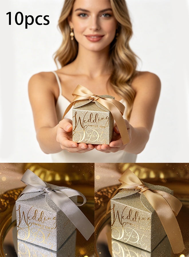 KANGLI 10Pcs Wedding Gift Box, Gold Candy Gift Box Paper Box with Ribbon Pin for Wedding Decoration Party Favor Small Gift Packing(Gold*5Pcs, Silver *5Pcs) - Image 1