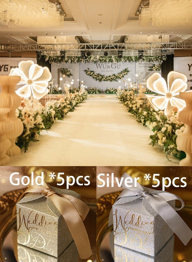 KANGLI 10Pcs Wedding Gift Box, Gold Candy Gift Box Paper Box with Ribbon Pin for Wedding Decoration Party Favor Small Gift Packing(Gold*5Pcs, Silver *5Pcs) - Image 2
