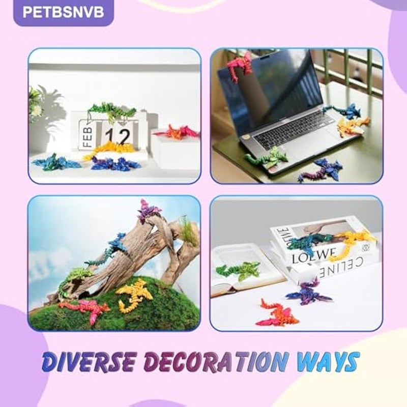 لعبة تنين مفصلي مطبوع ثلاثي الابعاد مع اجنحة مقاس 7 انش - لعبة تنين كريستال فيدجيت لديكور المنزل والمكتب التنفيذي (ارجواني + ازرق) - Image 5