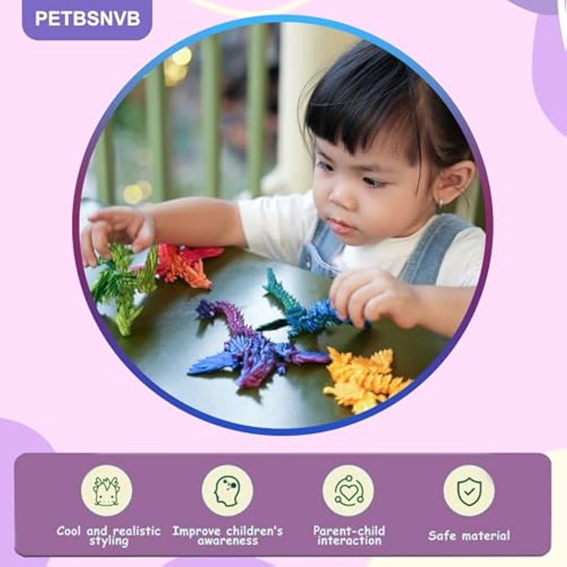 لعبة تنين مفصلي مطبوع ثلاثي الابعاد مع اجنحة مقاس 7 انش - لعبة تنين كريستال فيدجيت لديكور المنزل والمكتب التنفيذي (ارجواني + ازرق) - Image 4