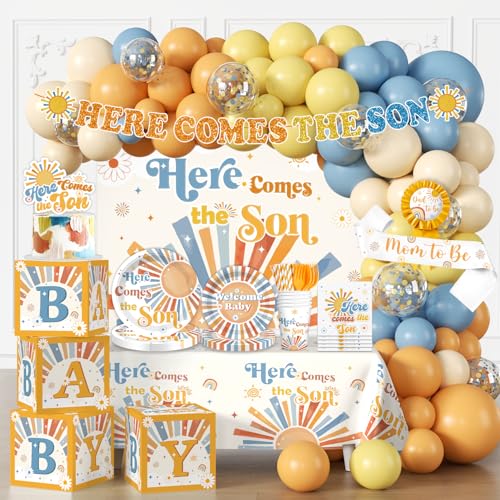 cocomigo Here Comes The Son Baby Shower Decor Retro Sun and Sunshine Themed Baby Shower Decorations Boy Boho Retro Baby Boy Shower Decor Oh Boy Shower Party Supplies - Image 1