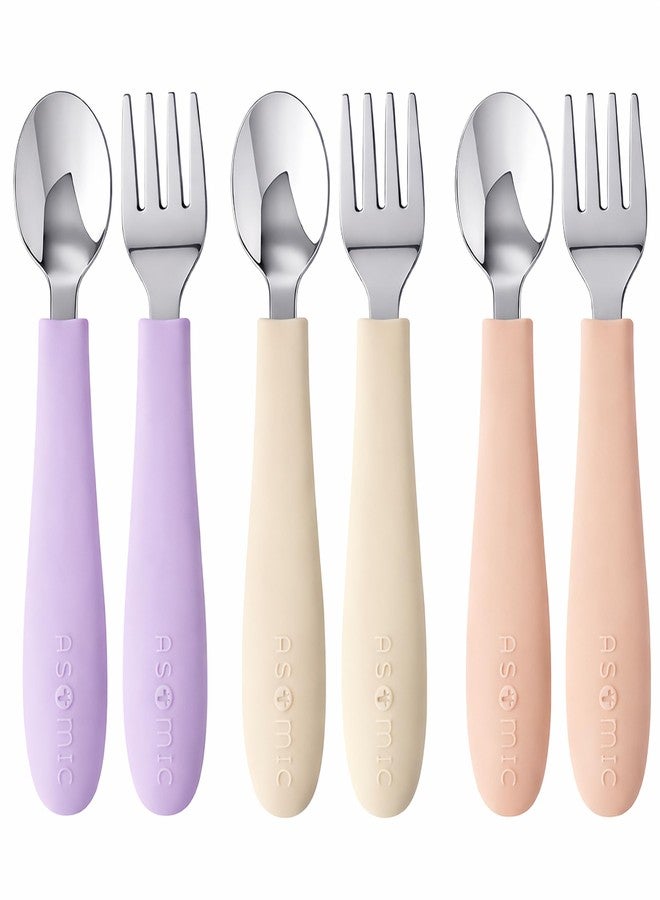ASOMIC Toddler Utensils, 6-Piece Kids Silverware Set with Silicone Handles, 3 Forks & 3 Spoons, Premium 316 Stainless Steel, Dishwasher Safe (Pink/Lavender/Ivory) - Image 1