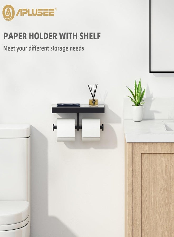 APLusee Double Toilet Paper Holder Matte Black, Stainless Steel Tissue Holder with Sintered Stone Shelf, Wall Mount - Image 3