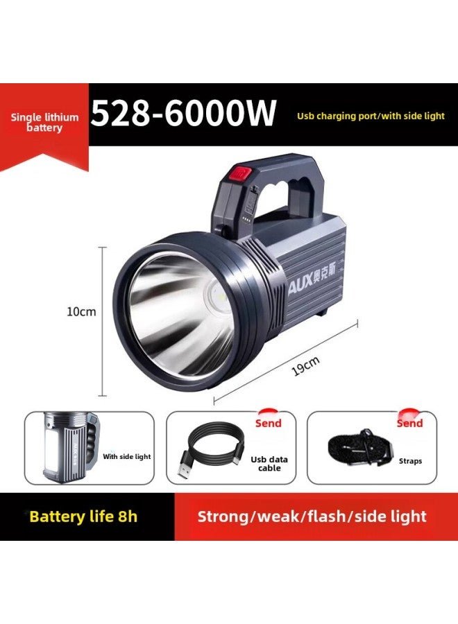 Oaks Flashlight Strong Light Rechargeable Ultra-bright Outdoor Long-range Searchlight Solar Flashlight Home Led-Color:6000w Battery Life 8h Single Lithium Battery With Side Light - Image 1