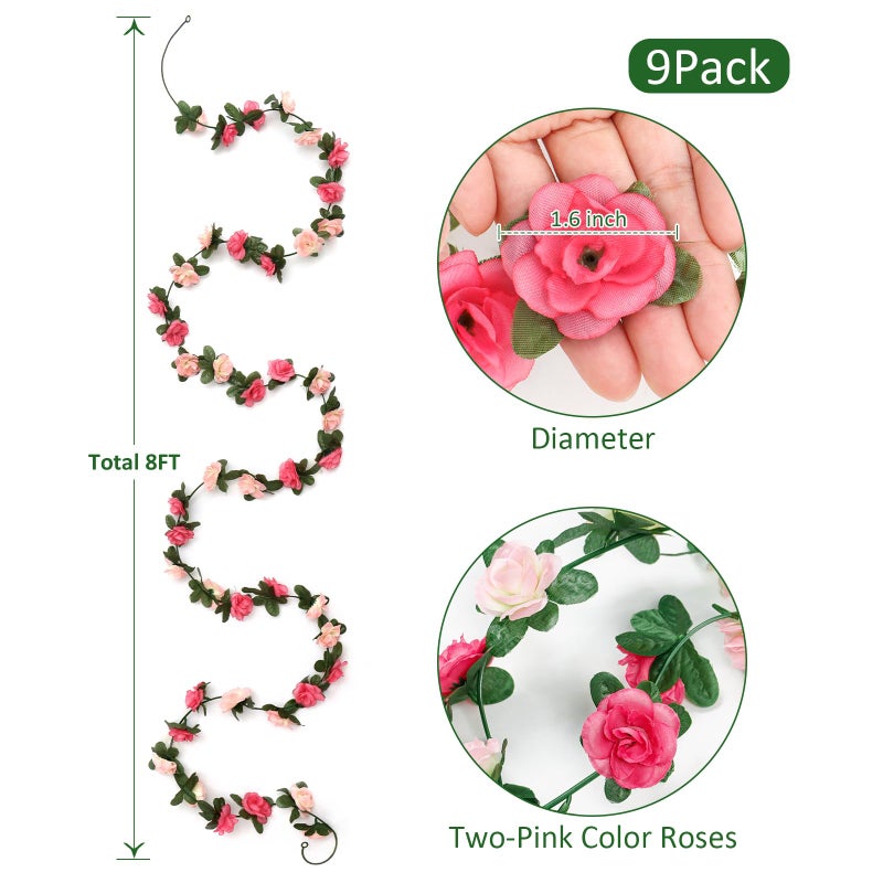 KHOYIME 9 Pack 72 FT Artificial Flower Garland, Fake Pink Roses Vines Silk Flowers Faux Plastic Outdoor Hanging Floral Ivy Garland Decorations for Wedding Arch Bedroom Home Wall Backdrop Room Decor - Image 3