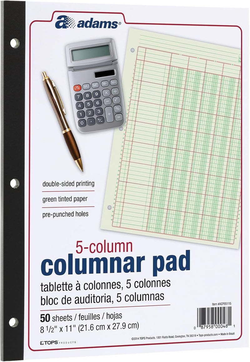 ADAMS Columnar Analysis Pad, 5 Column Ledger, 8.5" x 11", 100 Pages (50 Sheets), Green, 3 Hole Punch, for Accounting, Bookkeeping & Data (ACP85115) - Image 1
