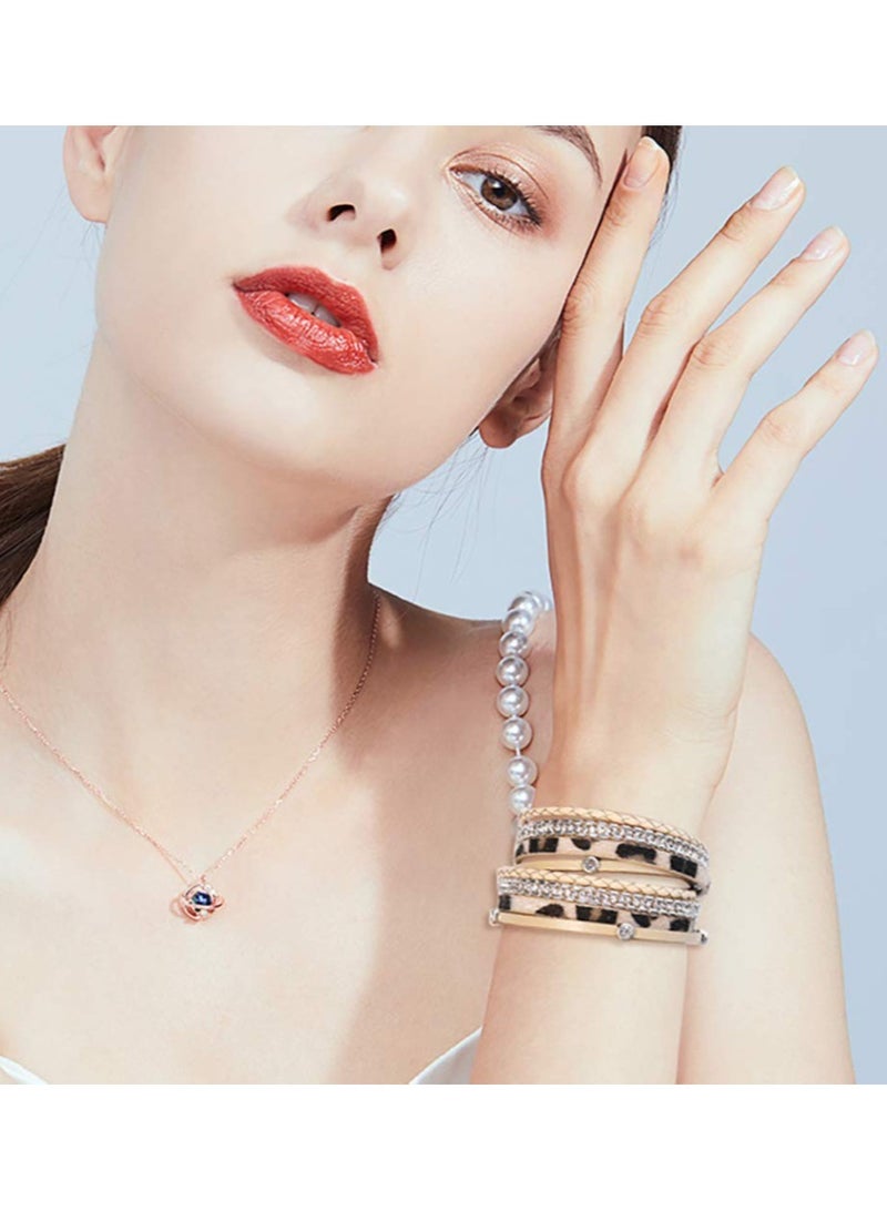 Excefore Leather Wrap Bracelet Set,  2 Pieces Wrist Cuff Bracelet, Multilayer Leather Bracelet for Women Girls Multilayer Magnetic Clasp Bracelet Bead, Crystal Bracelet - Image 5