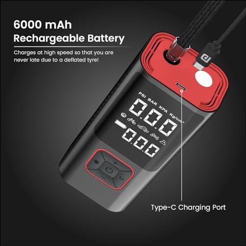 Portronics Vayu 2.0 Rechargeable Tyre Inflator with 150 PSI Pressure, 6000 mAh Battery, Preset Modes, Digital Display, Flashlight Torch, Air Pump Compressor for Car, Bike, Cycle (Black) - Image 3