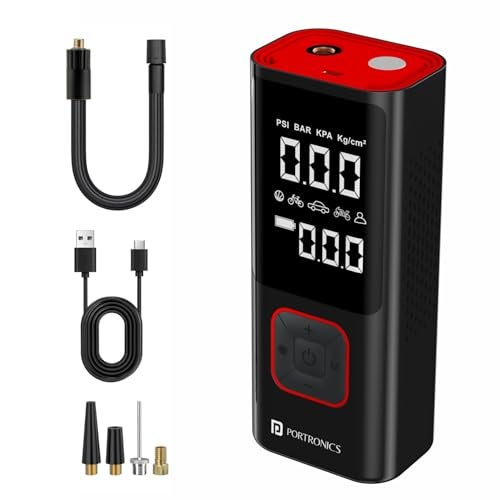 Portronics Vayu 2.0 Rechargeable Tyre Inflator with 150 PSI Pressure, 6000 mAh Battery, Preset Modes, Digital Display, Flashlight Torch, Air Pump Compressor for Car, Bike, Cycle (Black) - Image 1