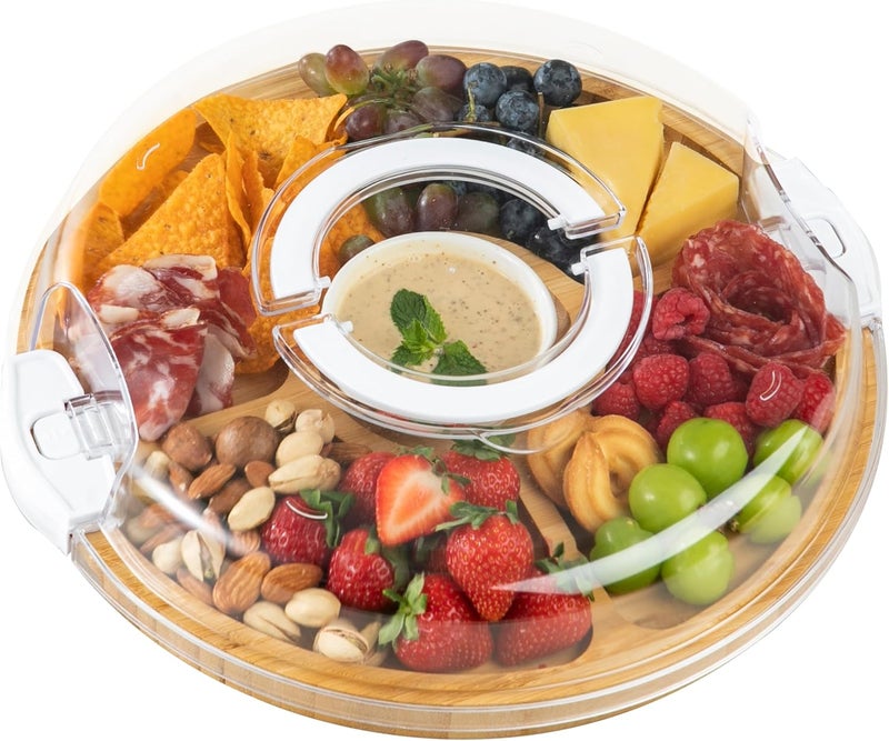 thetchry Round Charcuterie Board with Lid,Travel Picnic Portable Cheese Board with Lid,Serving Tray Platter with Five Compartment,House Warming Gifts for New Home,White - Image 1