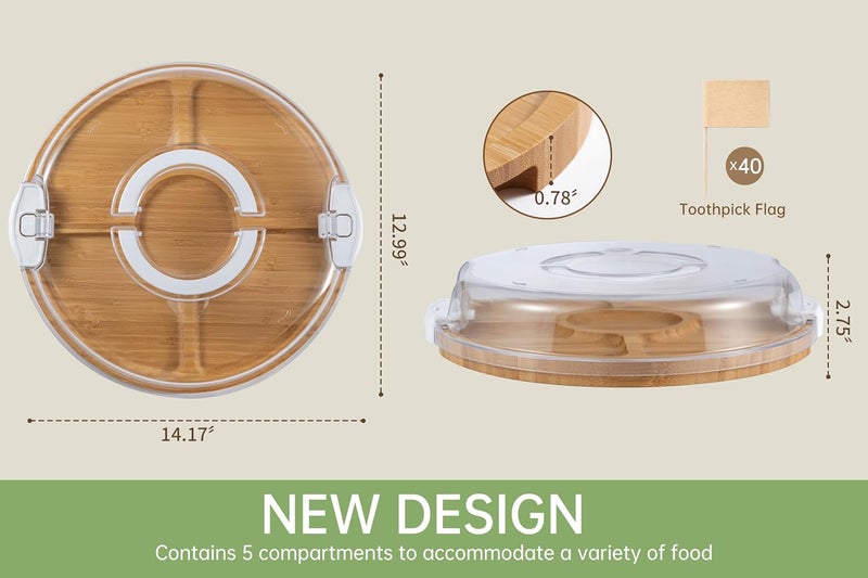thetchry Round Charcuterie Board with Lid,Travel Picnic Portable Cheese Board with Lid,Serving Tray Platter with Five Compartment,House Warming Gifts for New Home,White - Image 2
