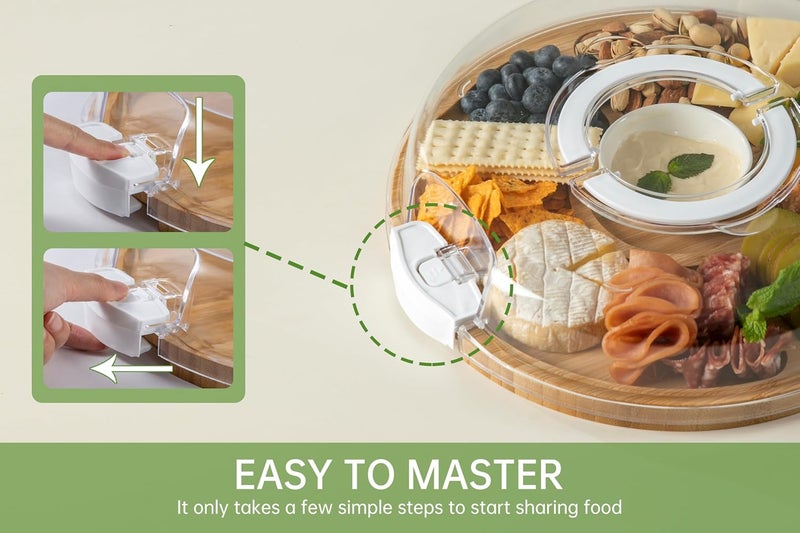 thetchry Round Charcuterie Board with Lid,Travel Picnic Portable Cheese Board with Lid,Serving Tray Platter with Five Compartment,House Warming Gifts for New Home,White - Image 5