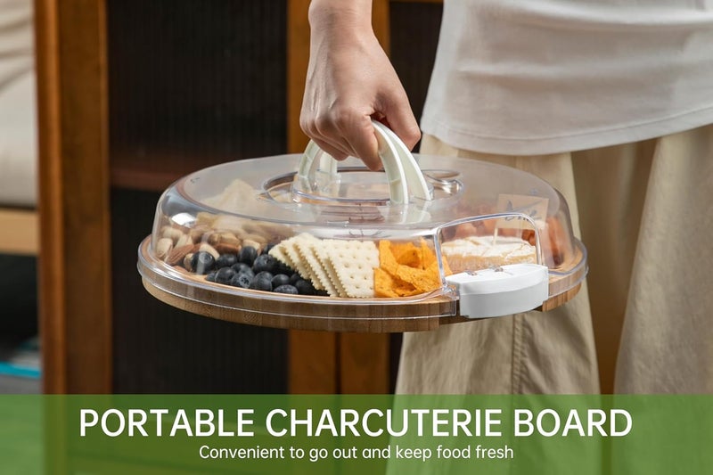 thetchry Round Charcuterie Board with Lid,Travel Picnic Portable Cheese Board with Lid,Serving Tray Platter with Five Compartment,House Warming Gifts for New Home,White - Image 3
