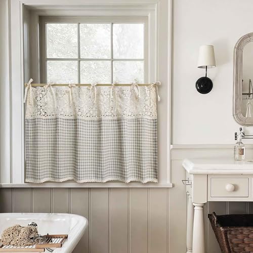Gxi Tie Top Plaid Kitchen Curtain Valance for Living Room Bedroom Small Windows Gingham Linen Cafe Curtain Short Vintage French Window Treatment Tiers Bathroom Farmhouse Valance 1 Panel 39 x 20 inch - Image 3