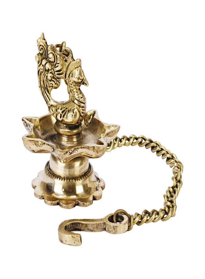 APKO Handmade Antique Ethnic Peacock Design 7 Oil Wick Brass Hanging Diya, Brass Diyas for Decoration, Temple Decor - Image 1