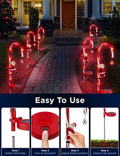 COXSENI Solar Christmas Decorations Candy Cane Lights Solar Xmas Pathway Markers Lights Outdoor Decor Stake with Snowflowers Santa Constant Flash Modes 8 LED Lights for Garden Patio Yard Lawn 2 Pieces - Image 3