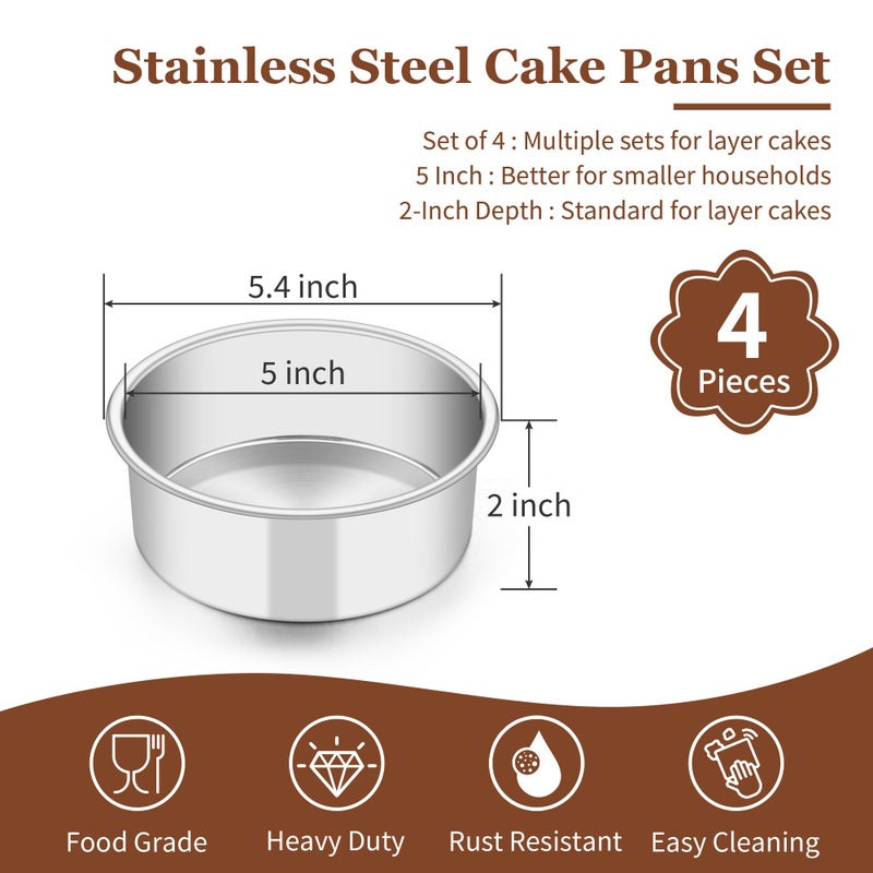 TeamFar 5 Inch Cake Pan Set of 4, Stainless Steel Small Layer Cake Baking Pans Tins, Round Bakeware for Birthday Wedding Party, Non-Toxic & Healthy, Mirror Finish & Dishwasher Safe - Image 2