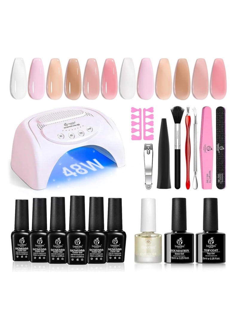 beetles Gel Polish Beetles Gel Nail Polish Kit with U V LED Light 48W,6 Colors Jelly Milky White Sheer Pink Nude Gel Polish Starter Kit Manicure,Soak Off U V Gel Nail Polish Set Salon DIY Women‘s Day Gifts for Mom  - Image 1