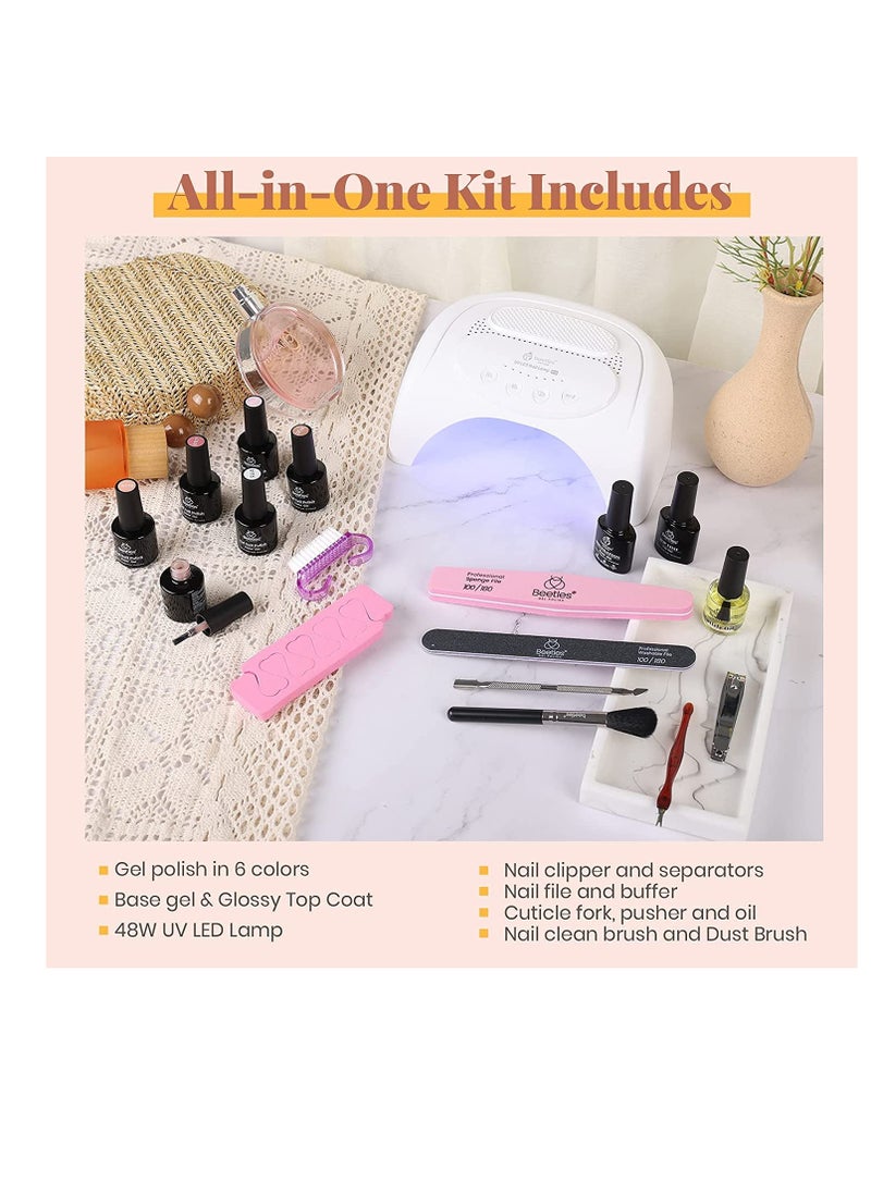 beetles Gel Polish Beetles Gel Nail Polish Kit with U V LED Light 48W,6 Colors Jelly Milky White Sheer Pink Nude Gel Polish Starter Kit Manicure,Soak Off U V Gel Nail Polish Set Salon DIY Women‘s Day Gifts for Mom  - Image 4