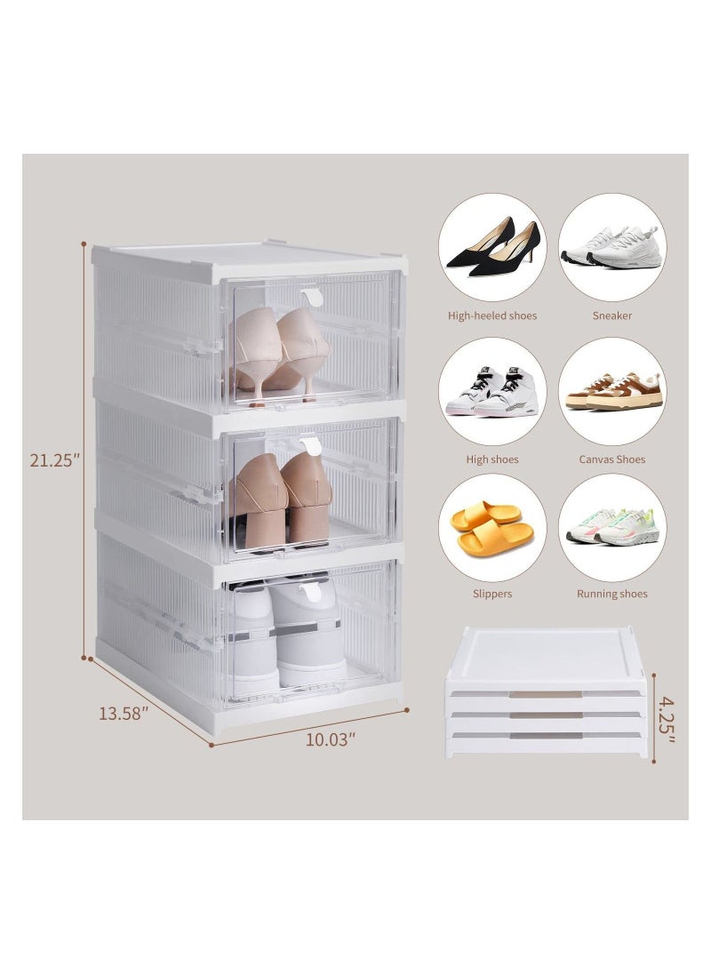 Plastic Storage Bins with Lids - Shoe Storage Shoe Organizer Collapsible Storage bins Stackable Storage Totes Storage Container for Organizing Foldable Storage Bins (3 Layers)
