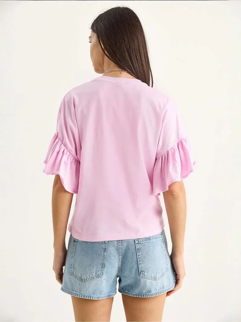 Bianco Lucci LUCCI Ruffle Detail Crew Neck T-Shirt
