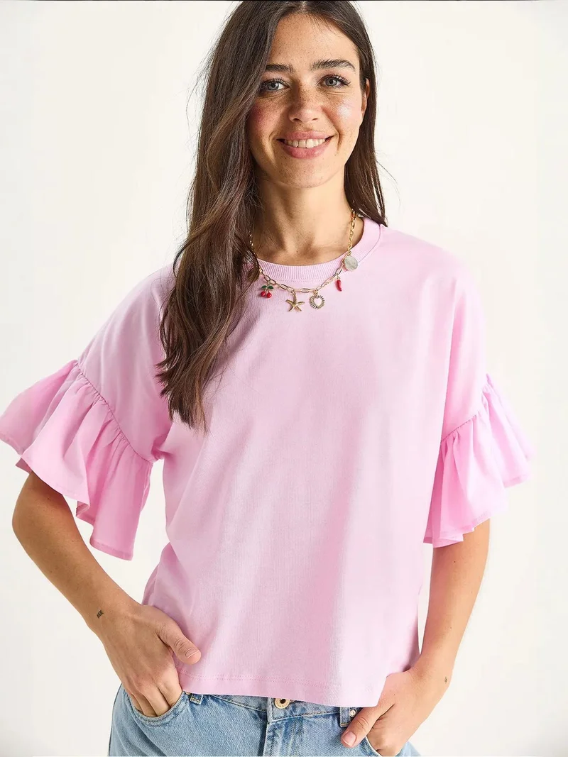 Bianco Lucci LUCCI Ruffle Detail Crew Neck T-Shirt