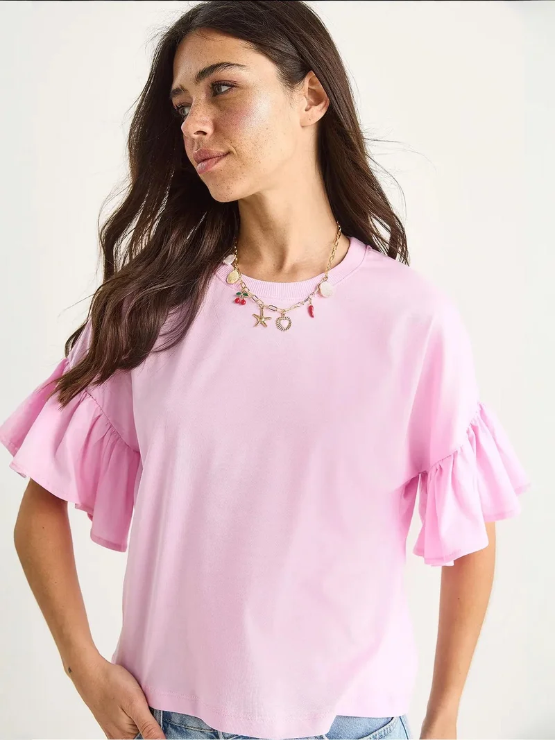 Bianco Lucci LUCCI Ruffle Detail Crew Neck T-Shirt
